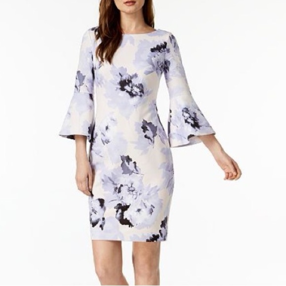 Calvin Klein Floral Print 3/4 Bell Sleeve Sheath Dress Lavender Cream Scuba Sz 4